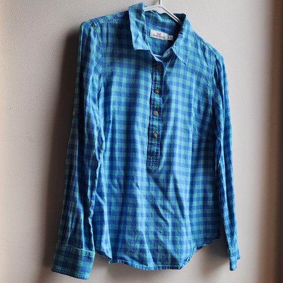 Vineyard Vines Blue Checked Half-Button Down Blouse Size 2 - Picture 3 of 12